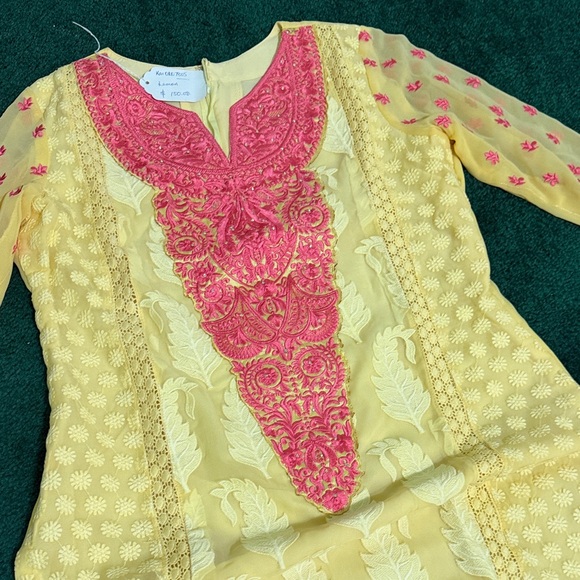 Yellow and Pink Embroidered kameez set - Picture 2 of 13